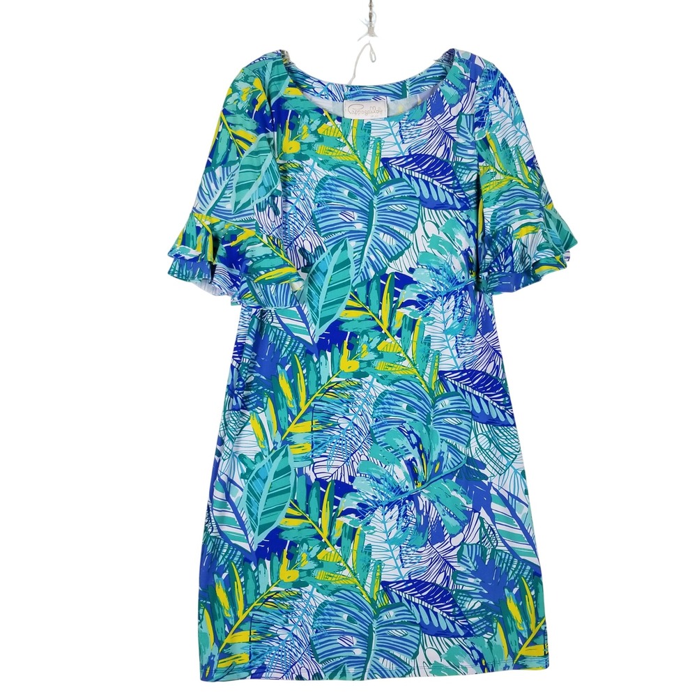 Pappagallo Shift Dress Women S Blue Tropical Leaf Ruffle Sleeve Stretch Knit